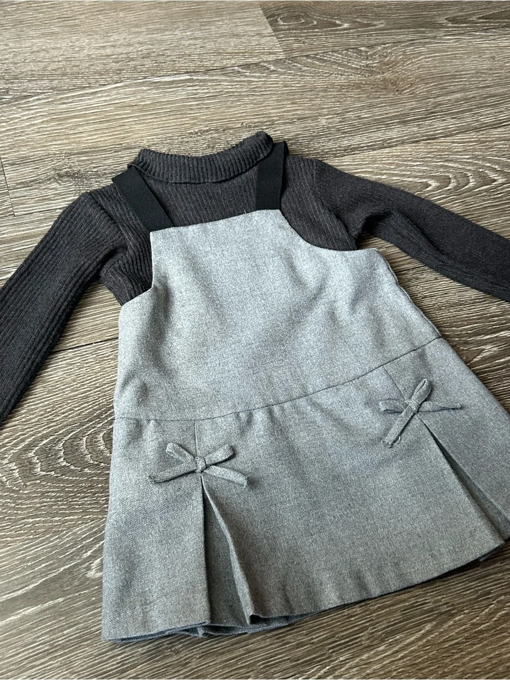 Zara Black Knit Top with Gray Pinafore Dress